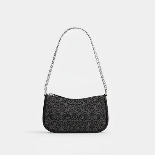 Compact Patterned Jacquard Shoulder Bag with Chain