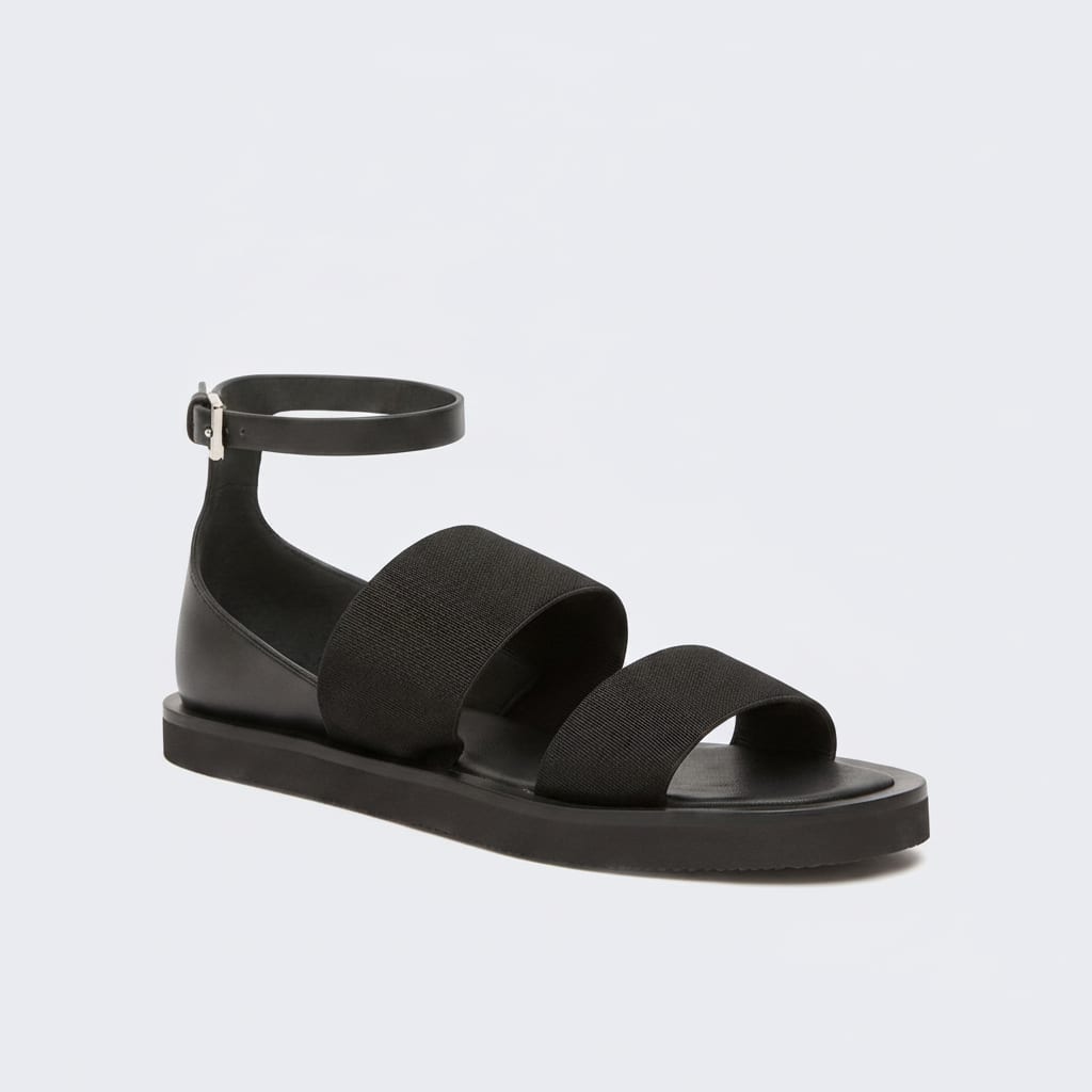 Black Minimalist Double Strap Ankle Buckle Flat Sandal