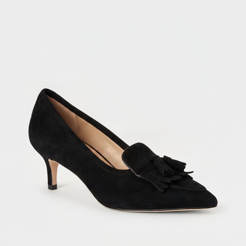 Black Suede Tassel Pointed Kitten Heels