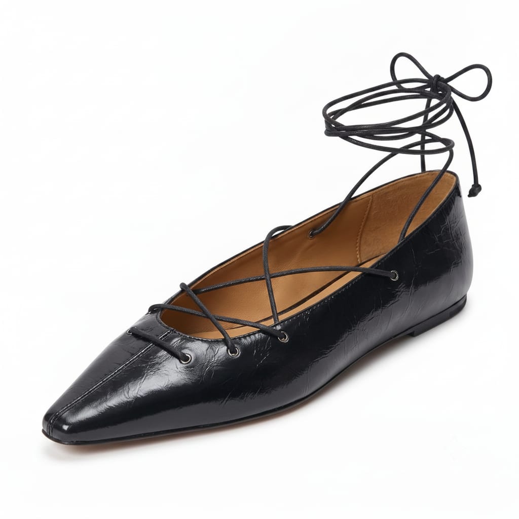 Black Textured Patent Pointed-Toe Lace-Up Flats