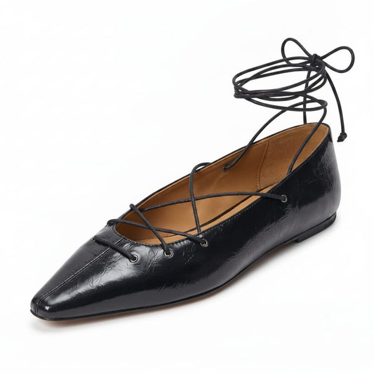 Black Textured Patent Pointed-Toe Lace-Up Flats