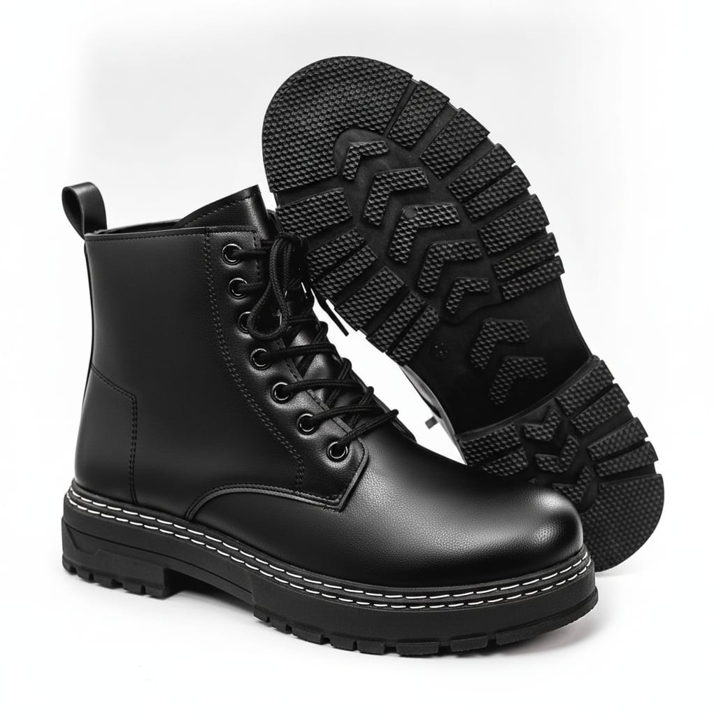 Black Ankle Combat Boots with Contrast Stitching