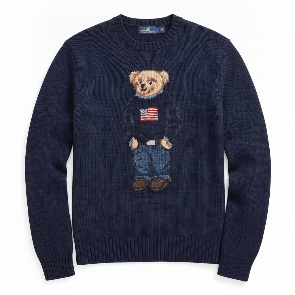 Navy Knit Bear Motif Crewneck Sweater