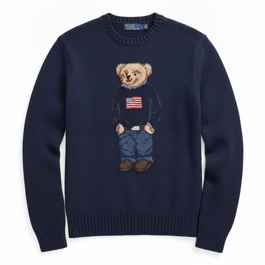 Navy Knit Bear Motif Crewneck Sweater
