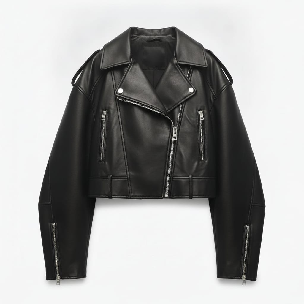 Black Cropped Biker Jacket with Belt Detail