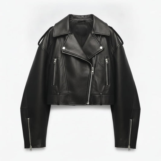 Black Cropped Biker Jacket with Belt Detail