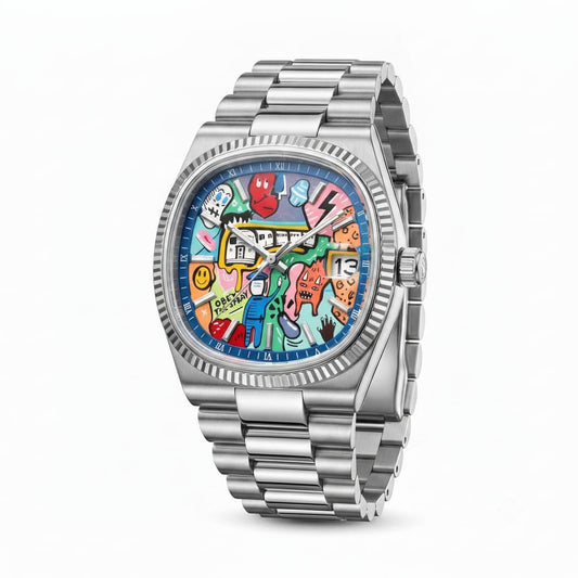 Stainless Steel Watch with Art-Inspired Dial