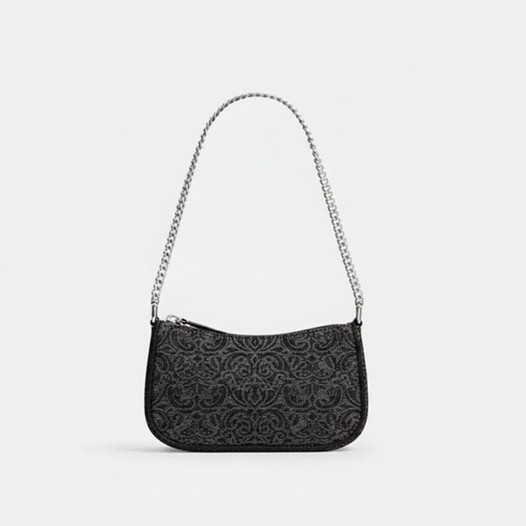 Compact Patterned Jacquard Shoulder Bag with Chain