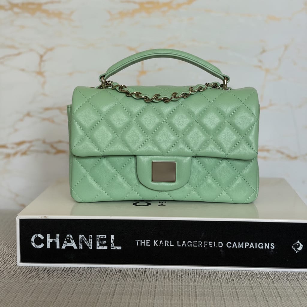 Compact Lambskin Flap Bag with Top Carry Handle