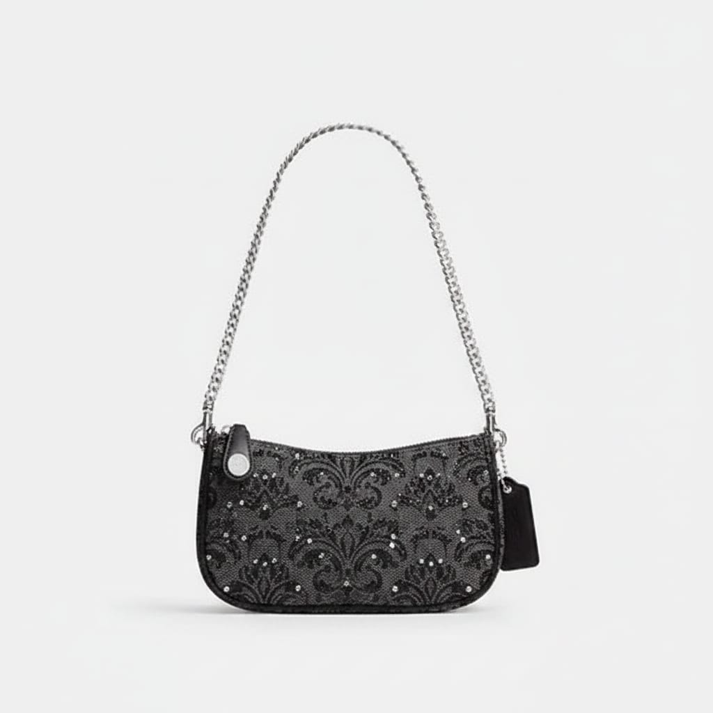 Compact Patterned Fabric Shoulder Bag with Crystal Embellishment
